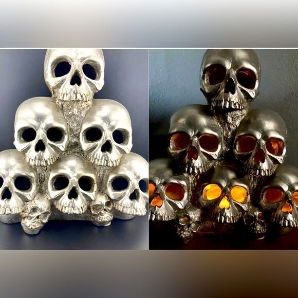 HALLOWEEN  DECOR - RESIN STACKED SKULL TOWER FIGURINE 12 IN. - Picture 1 of 13
